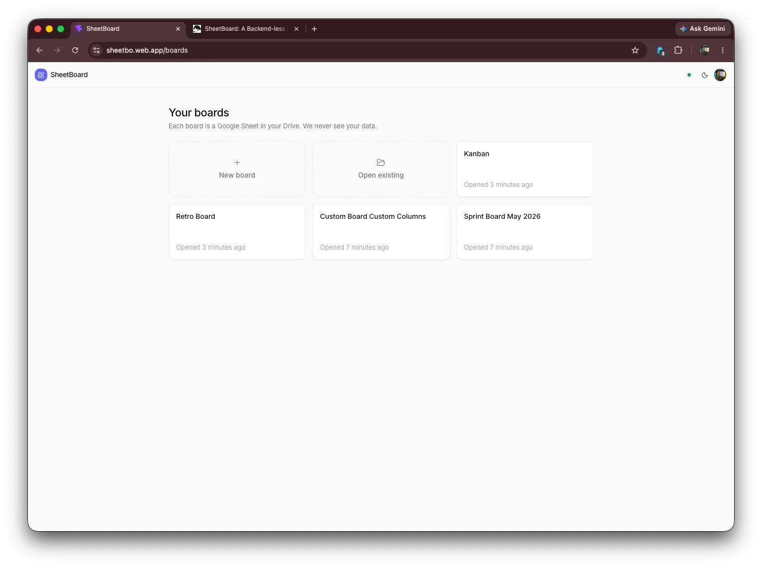 The SheetBoard Kanban board — cards across columns with drag-and-drop