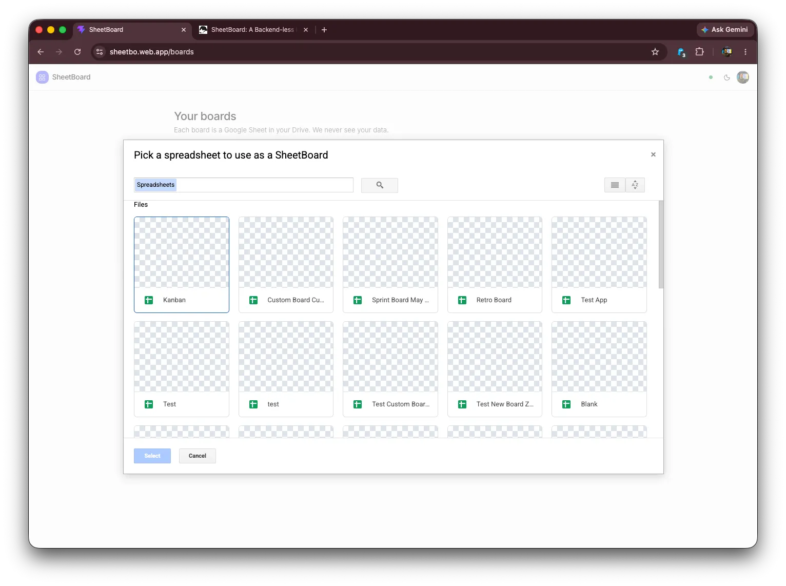 Boards home and the Google Picker entry screen
