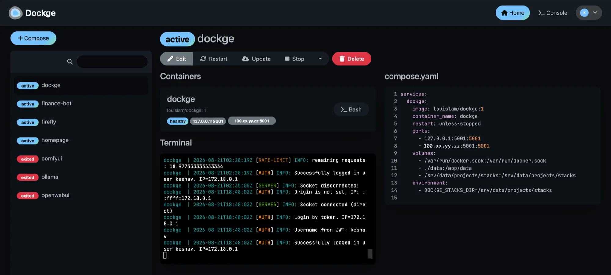 The stack manager: every stack, its live containers and its compose file, all editable from a browser on any of my devices. This capture predates the TLS rewrite, so the port badges still show the older two-address binding