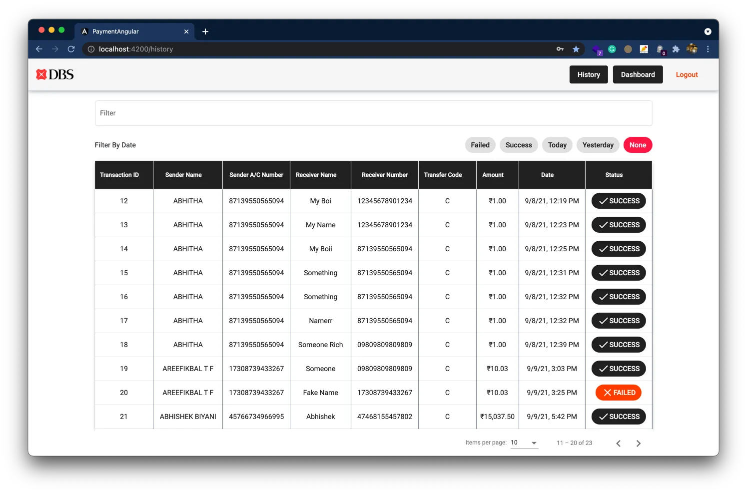 Transaction history