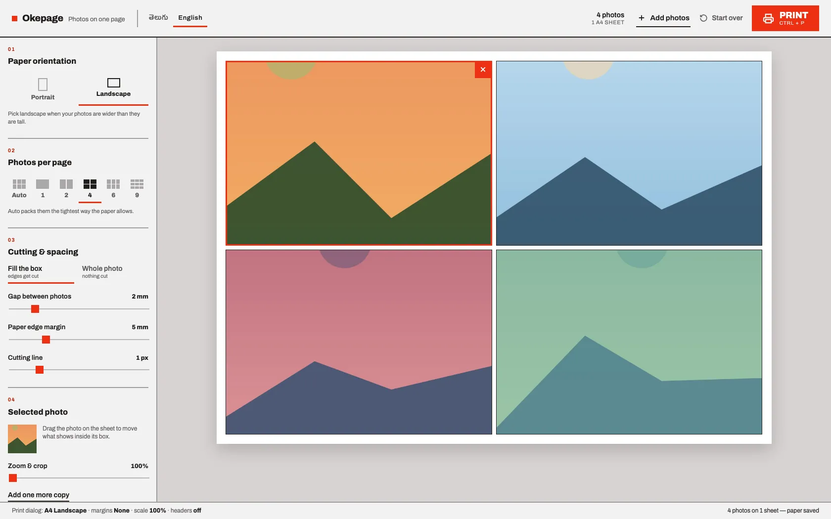 Landscape A4, four per page, one photo selected for cropping — the English UI