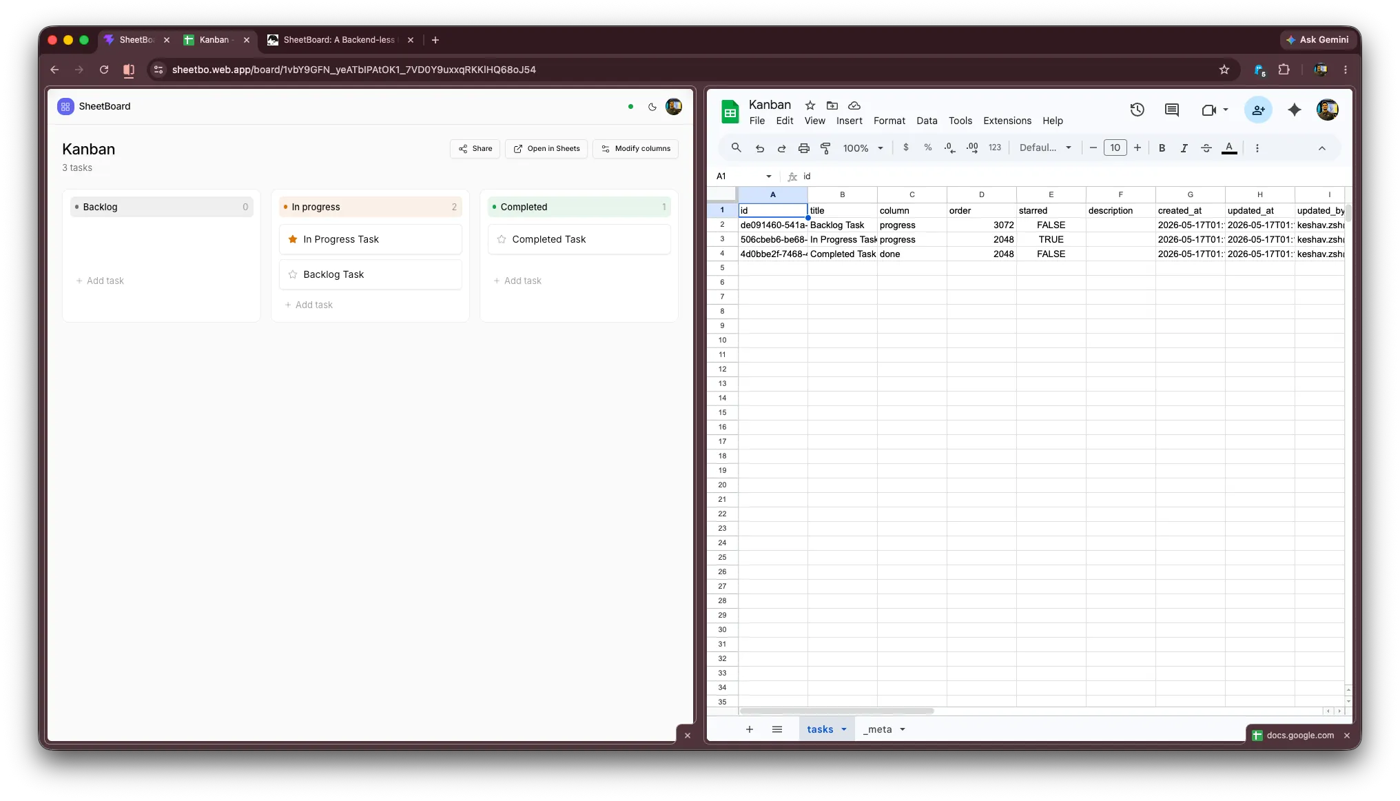 The board next to its underlying Google Sheet — the spreadsheet is the database