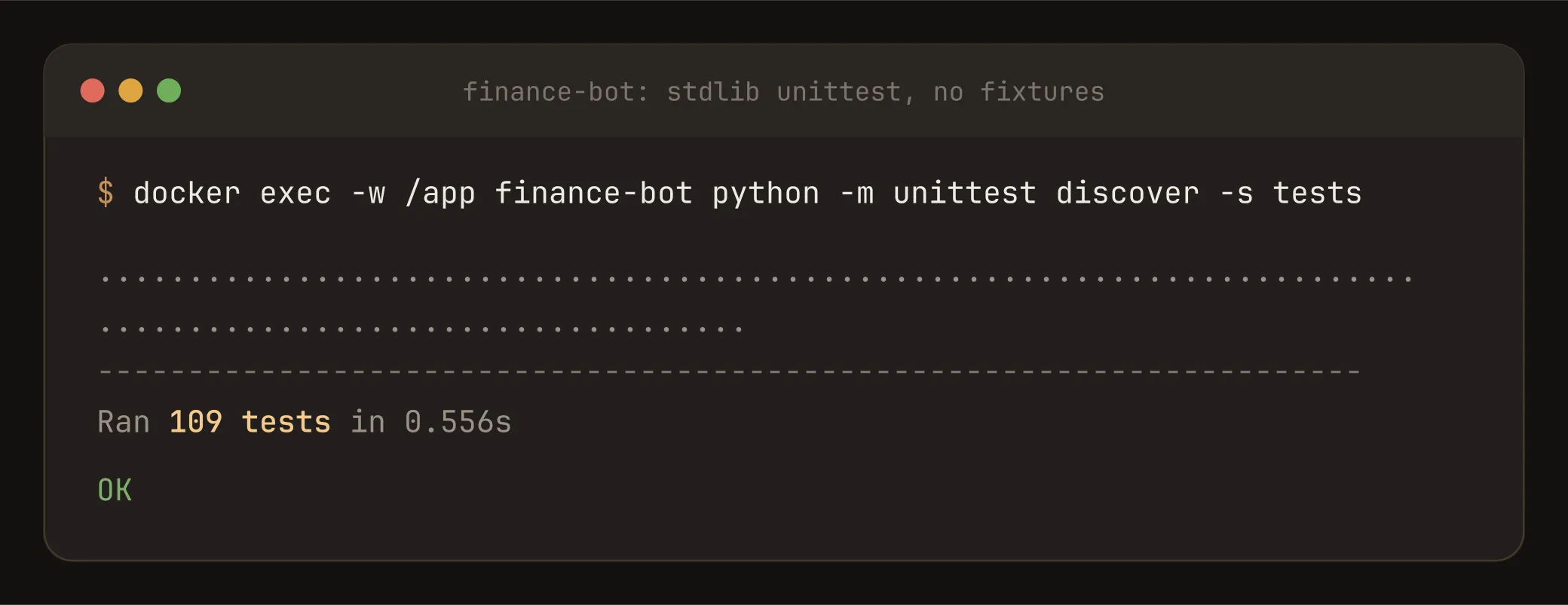 The suite running in the container: 109 tests, all passing, in well under a second