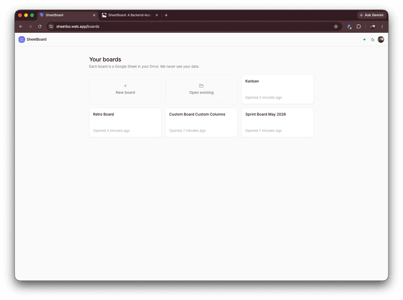 The SheetBoard Kanban board — cards across columns with drag-and-drop