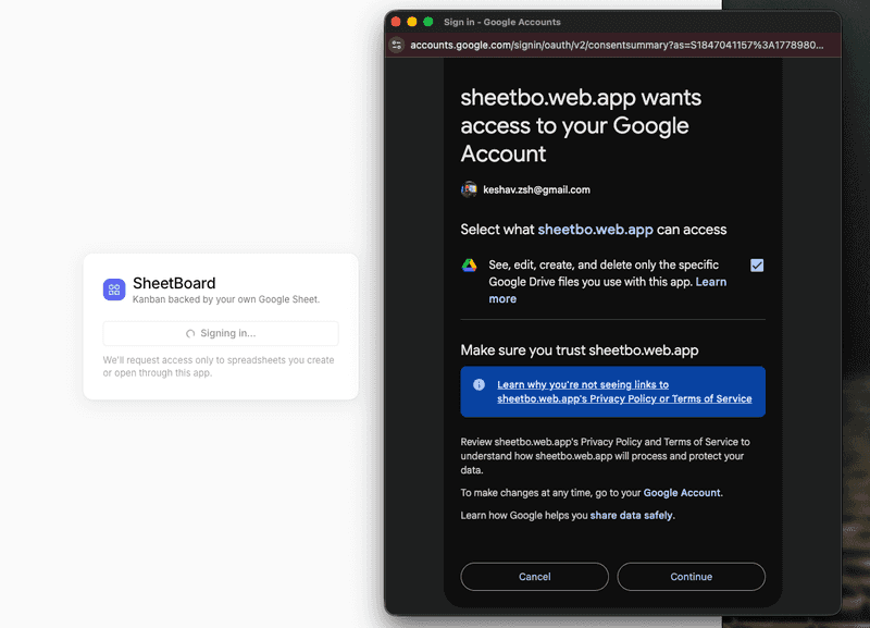 Google sign-in and the drive.file consent screen