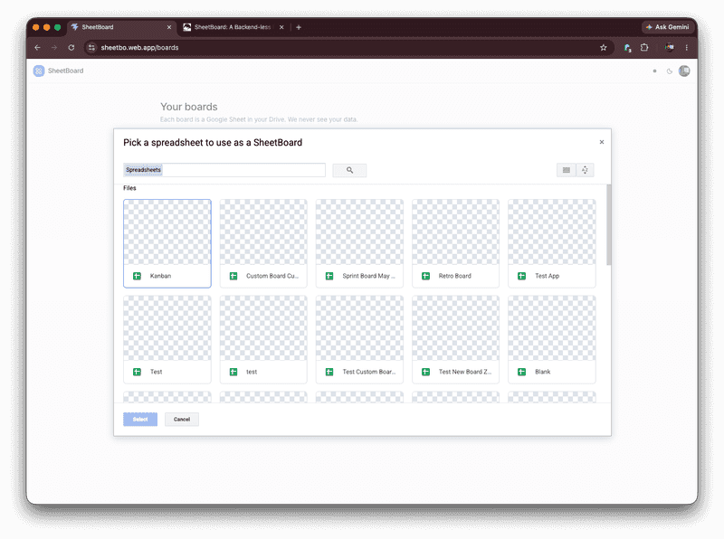 Boards home and the Google Picker entry screen